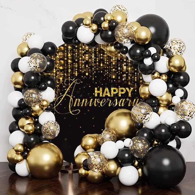 Happy Anniversary Round Backdrop Cover Black and Gold Glitter Bokeh Dots Wedding Anniversary Photo Background Bridal Shower Miss to Mrs Wedding Party Decorations Circular Arch Cover 5ft