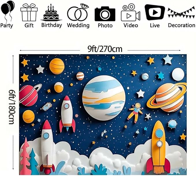 Outer Space Birthday Backdrop Cartoon Rocket and Planets Photography Banner Universe Galaxy Stars Boy Girl Newborn Baby Shower Background First Birthday Backdrop for Boys (A, 9x6feet)