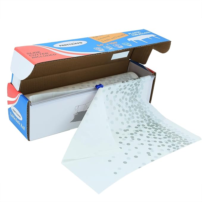 Plastic Tablecloth Roll – 54" x 100' Plastic Tablecloths for Parties Disposable with Cutter Box - Cut to Size Disposable Tablecloth for Rectangle & Round (Silver Dots-White)