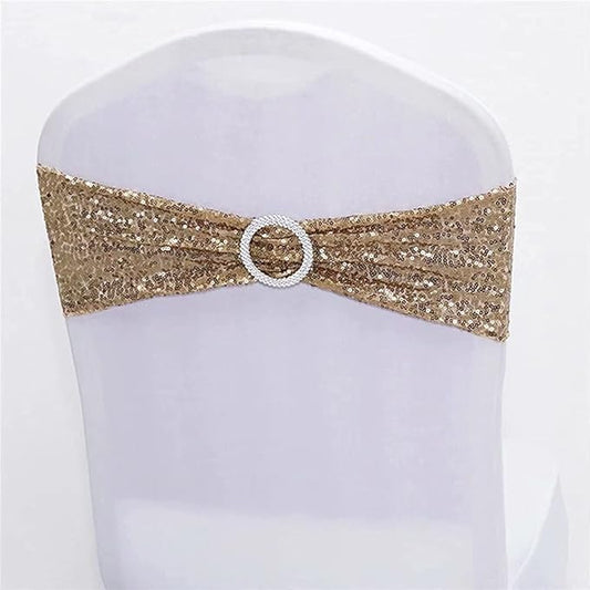 NC Sequin Chair Sashes Spandex, Pack of 100 Sequin Stretch with Buckle Chair Bands for Wedding Banquet Birthday Graduation Party Anniversary Prom Celebration Chair Decorations (Champagne, 100pcs)