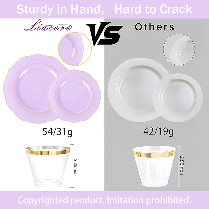 Liacere 350PCS Purple Plastic Plates - Disposable Lavender Plates 50guest Plastic Dinnerware include 100Light purple Plates,50Pack Pre Rolled Napkins Silverware 50Cups for Wedding & Mothers Day