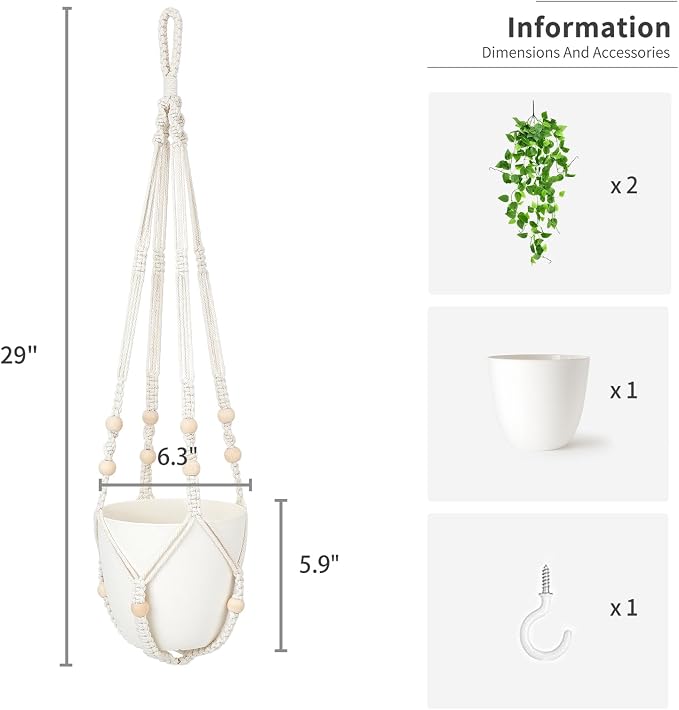 Mkono Fake Hanging Plant with Pot, Artificial Plants for Home Decor Indoor Macrame Plant Hanger with Fake Vines Greenery for Bedroom Bathroom Kitchen Office Decor, Ivory (Pothos)