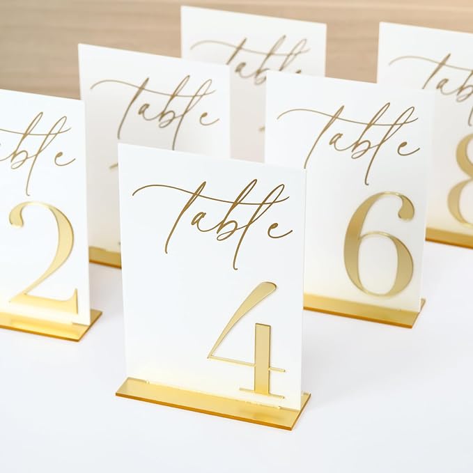 Acrylic Wedding Table Numbers 1-15 with Stands, 5"x7" White Acrylic Signs with 3D Gold Mirror Numbers, White and Gold 3D Table Numbers for Wedding Reception, Anniversary, Event