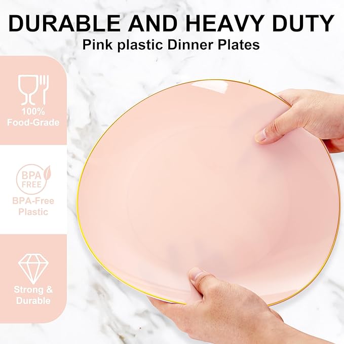 YOUBET 175PCS Pink Plastic Plates - Pink and Gold Disposable Plates Include 50 Plastic Plate, 75 Silverware, 25 Cups, 25 Napkins for Wedding & Party & Birthday Mothers Day