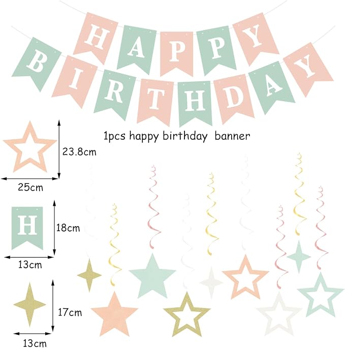 Sage-Green Blush-Pink Beige Birthday Party-Decorations - 19pcs Boho Neutral Rustic Fairy Streamers Banner,Paper Star Garland Lanterns Honeycomb Fan,Tissue Pom Poms,Wall Ceiling Backdrop Ouruola