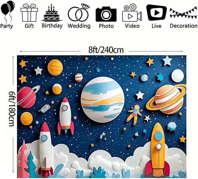 Outer Space Birthday Backdrop Cartoon Rocket and Planets Photography Banner Universe Galaxy Stars Boy Girl Newborn Baby Shower Background First Birthday Backdrop for Boys (A, 8x6feet)