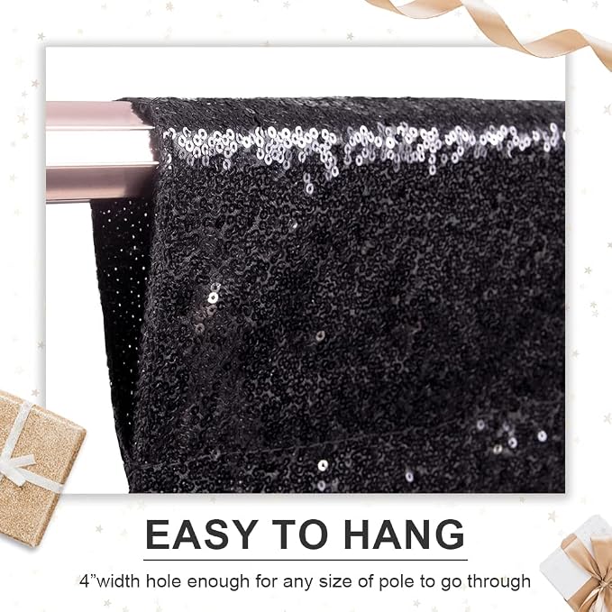 PartyDelight Black Sequin Backdrop Curtains 5x10ft 2 Panels | 3mm stitched sequin curtain with 4 inch rod pocket for 5x10ft wide reception wall head table stage backdrop and event display