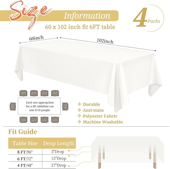 Showgeous 4 Pack Ivory Tablecloth 60 x 102 Inch, Rectangle Table Cloth for 6 Foot Table, Wrinkle Resistant Washable Polyester Table Cover for Wedding Dining Table Buffet Parties and Camping