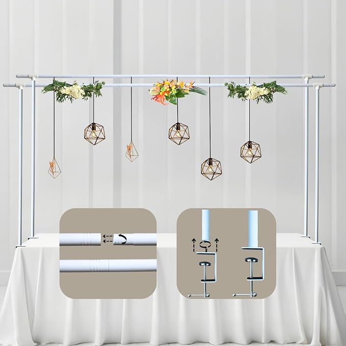 Over Table Rod Stand with Clamps 2 Pieces White Table Arch Adjustable Rod Stand H16-45" L16-87" Balloon Frame Hanging for Party Anniversary Wedding Birthday Garden Arbors Christmas Halloween