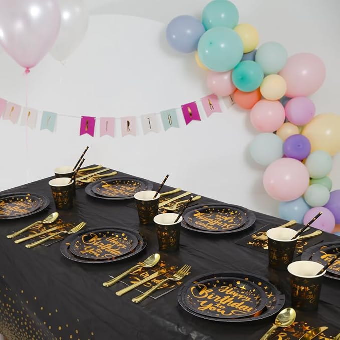 201 Pieces Birthday Plate Set, Birthday Decorations, Includes Paper Plates, Paper Cups, Straws, Napkins, Tablecloths, and Plastic Knives, Forks, and Spoons, Suitable for parties of 25 people!（Black）