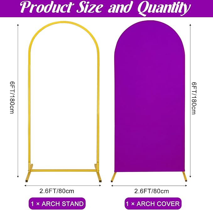 Metal Arch Stand and Cover Set,1 Purple Spandex Fitted Backdrop with 1 Gold Wedding Arched Stand Frame for Parties Birthday Baby Shower Bridal Banquet Decoration (6FT)