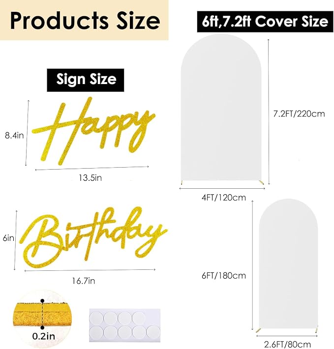 HAINARverS 6FT/7.2FT White Arch Backdrop Cover Spandex with Glitter Gold Happy Birthday Sign for Wedding Birthday Party Ceremony Banquet Decoration(White)
