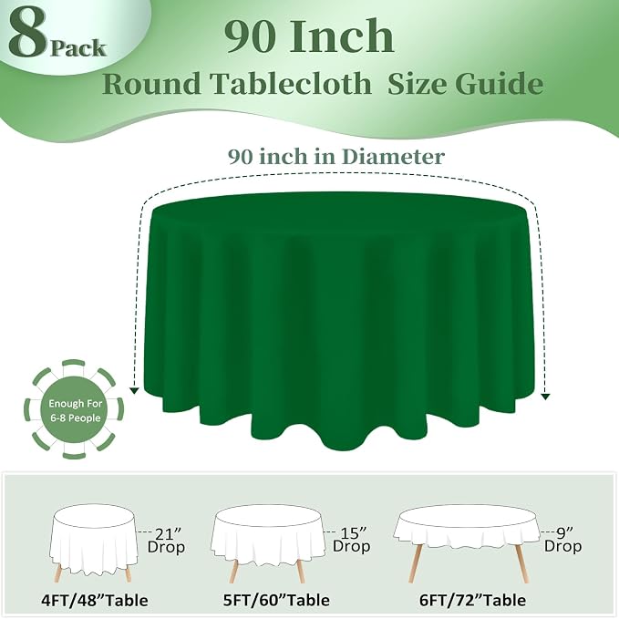 8 Pack Green Round Tablecloth 90 Inch Round Table Cloth, Wrinkle Resistant and Washable Tablecloth Polyester Fabric Table Cloth Round Cover for Dining Wedding Banquet Party