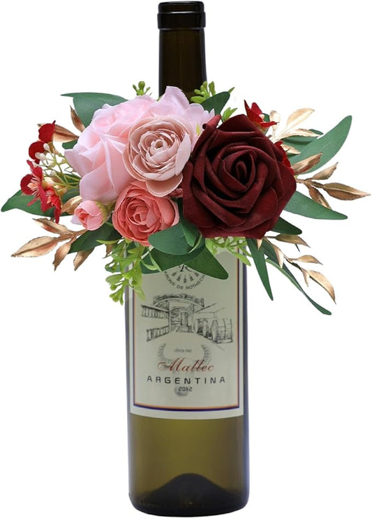 CherishedMoments 1Pcs Wine Bottle Flower Set, Dining Tables, Plates Decorations，Burgundy Red Artificial Flowers Wine Cup for Wedding Ceremony Anniversary, Wedding Home Decor…