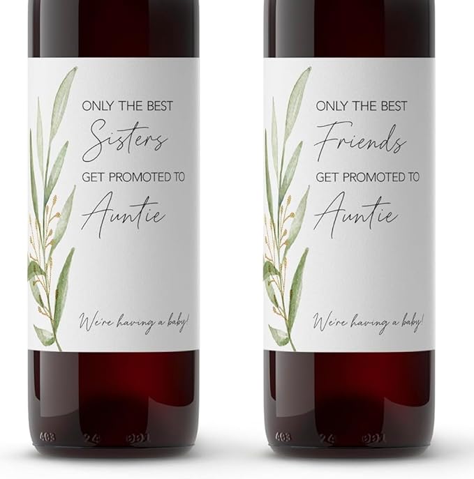 FAMILY & FRIENDS Pregnancy Announcement Wine Labels ● SET of 6 ● 2 Best SISTERS + 4 Best FRIENDS Get Promoted to AUNTIE Label, Baby Reveal Card alternative, Waterproof (Greenery)