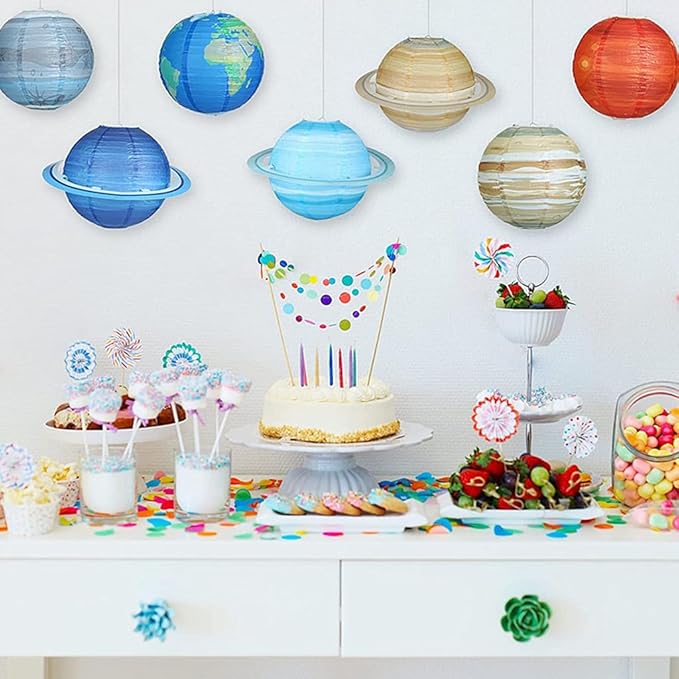 Folding Outer Space Planet Paper Lanterns Reusable Solar System Planets Hanging Lanterns Ornament Lamp Cover for Outer Space Birthday Party Home Decoration Supplies (12 inches;8pcs)