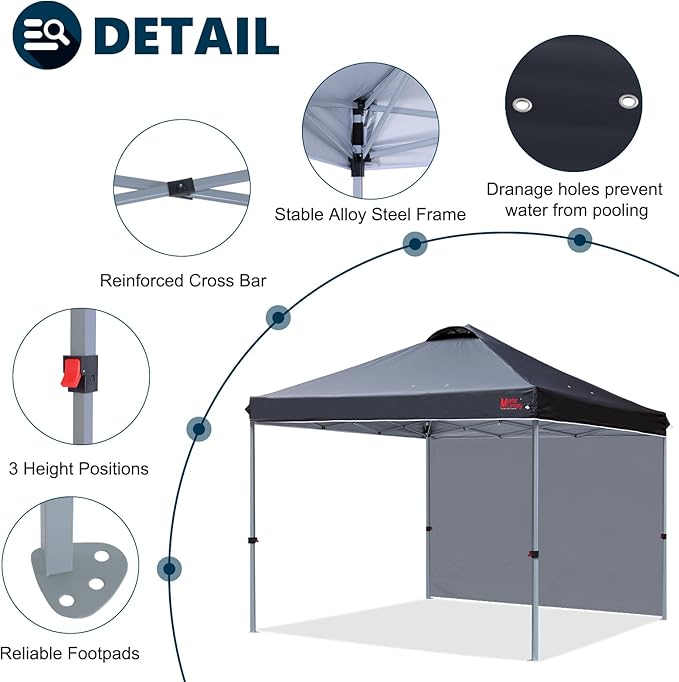 MASTERCANOPY 10x10 Pop Up Canopy Tent with 1 Sidewall, 1 Person Setup Instant Shelter, Outdoor Portable Beach Canopy, 1 Roller Bag, 4 Sandbags, 4 Ropes, 8 Stakes (10x10, Black)