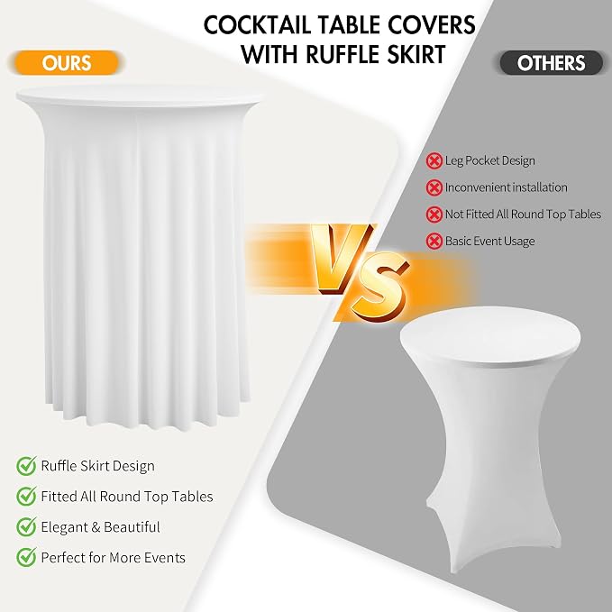 2 pk White Cocktail Table Cloth Round 32×43in-High Top Highboy Bar Cocktail Tablecloths-Wrinkle Free Stretchy Fitted Spandex Table Covers with Ruffle Desk Skirt for Wedding Banquet Party Tables