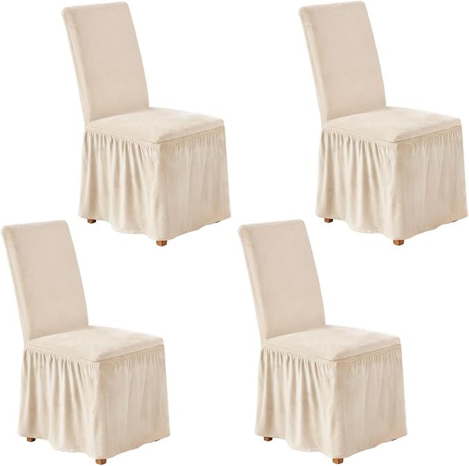 NICEEC Spandex Chair Covers for Dining Chairs Covers Set of 4 Removable Dining Room Chair Covers with Skirt Parson Chair Slipcovers Washable Chair Protector for Kitchen Wedding Party Banquet(Beige)