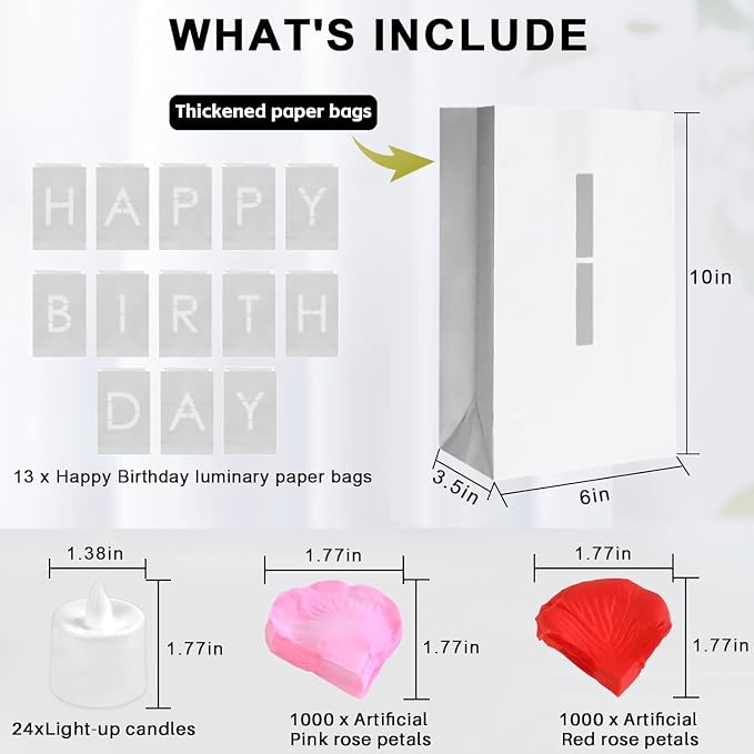 Happy Birthday Decorations for Women Men Girls Light Up Sign Luminary Bags Letters with 2000PC Rose Petals and Candles kit, Birthday Banner for Room Party Hotel Outdoor Decorations, Surprise Gifts Banner