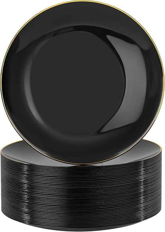 Nervure 100PCS Black and Gold Plastic Plates - 10.25 inch Black Disposable Plates - Gold Rim Dinner Plate - Black Dinner Plate Ideal for Wedding & Party