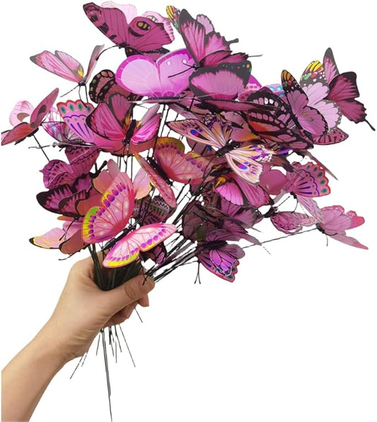 Rikyo 3D Butterfly Garden Stake Decor,10" PVC Butterfly Garden Decor for Outside,Shaking Head Artificial Butterflies for Cake Bouquet Wall Lawn Pathway Plant Pot Flower Bed Yard Decor (50, Pink)