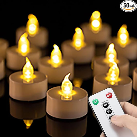 PUNPUBA LED Tea Light Remote ControlCandles,50pack Flickering Flameless LED Candle,Long Lasting 400+Hours,Battery Operated with Timer for Home Decoration Seasonal &Festival Celebration WarmYellow