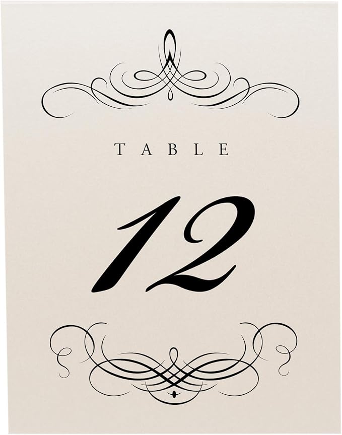 Decadent Flourish Wedding Table Numbers (Select Color/Quantity), Champagne, Black, 1-30, Double Sided, Tent or Use in a Stand, Great for Parties & Restaurants - Made in the USA