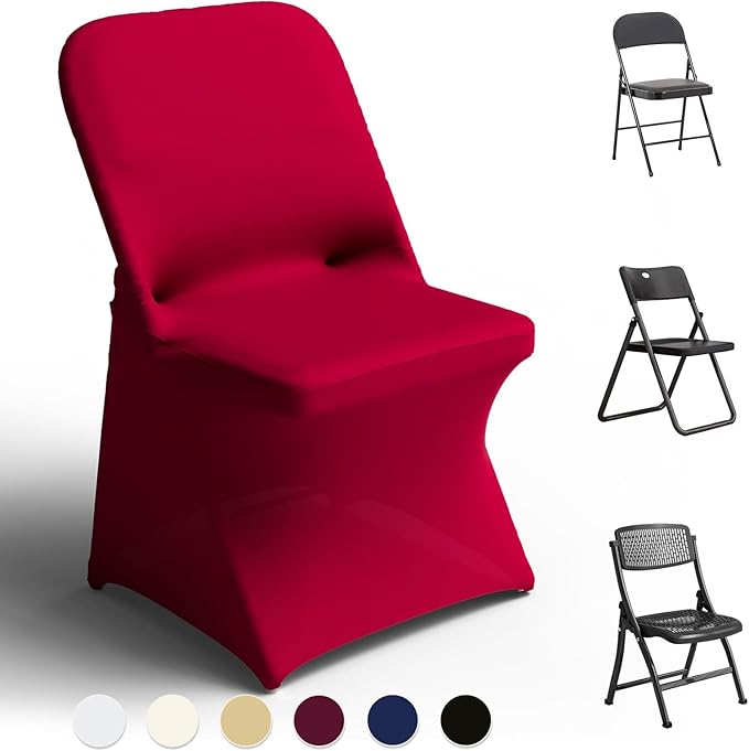 Trlyc Spandex Folding Chair Covers 100 Pcs Universal Fitted Stretchy Dining Chair Slipcovers for Wedding Party Banquet Flat-Front Chair Cover (Burgundy)