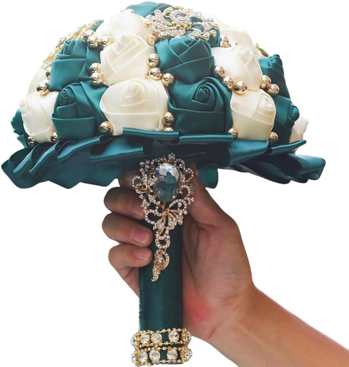 Emerald Green and Ivory Bridal Wedding Bouquet with Gold Brooch Rhinestone Pearl Satin Rose Flower Bouquet for Bride Bridesmaid Quinceanera Wedding Emerald Green and Ivory 9.5in