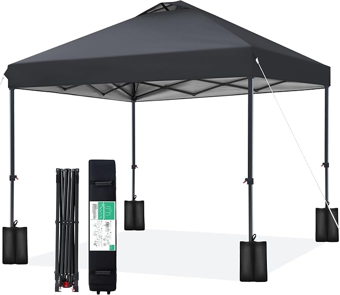 JEAREY 10x10 ft Pop Up Canopy Tent, Heavy Duty Outdoor Canopy with 1-Push Instant Setup, Commercial Tent with Roller Bag, 4 Sandbags and 8 Stakes, Water-Resistant, Gray