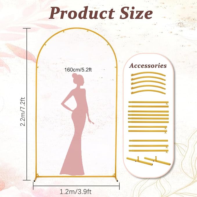 Vincidern 7.2ft Balloon Arch Backdrop Stand, Wedding Arch for Birthday Party, Baby Showers, Wedding Ceremony Graduation, Event Backdrop Decorations Metal Arch Frame Gold