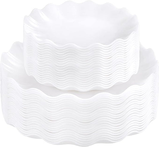 LIYH 50 Pcs White Scalloped Plastic Plates Reusable - Unbreakable Plastic Plates for Weddings Party Outdoor Picnics Dishwasher Safe BPA Free(25Guests)