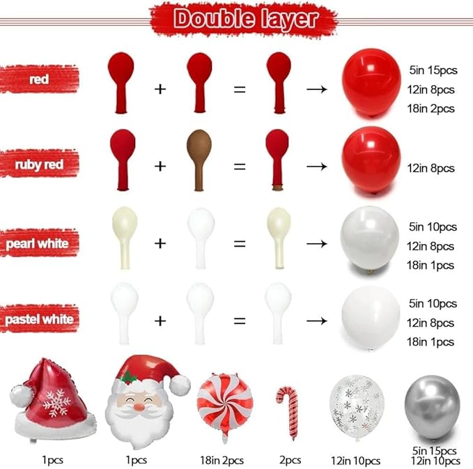 Red White Christmas Balloon Arch Kit, Double Stuffed Ruby Red Pearl White Silver Balloon Garland with Snowflake Latex, Santa Hat Foil Balloons for Winter Xmas Birthday Baby Shower New Year Party Decor