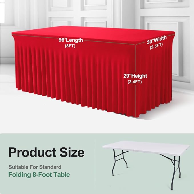 BDDC One-Piece Spandex Table Cover Skirt for 8FT Rectangle Tables | GRS-Certified Eco-Friendly Fabric, Elastic Fitted Ruffle Tablecloth, Washable, For Banquets, Weddings & Parties