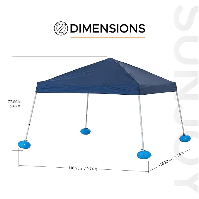 SUNJOY 10x10 FT Floating Pool Canopy Pop Up Gazebo, Navy Water Tent with Steel & Aluminum Frame, PVC Floats, Hand Pump & Carry Bag for Lake, Beach, Pool