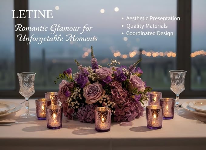 LETINE 48pcs Purple Votive Candle Holders – Glass Tea Light Candles Holder, Standard Votive Size for Regular Votive Candles– Bulk Candle Holder for Party Decoration, Bridal Shower, Home Decor