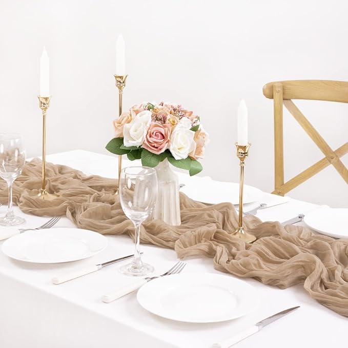 MLMC 3 Pack Nude Cheesecloth Table Runner 10ft Boho Rustic Gauze Taupe Cheese Cloth Table Runner Neutral Decor 35x120 Inches for Wedding Reception Outdoor Party Decor
