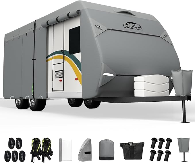 Travel Trailer RV Cover 14-16 FT, Upgraded 7 Layers Top Waterproof Camper Cover, Heavy Duty Toy Hauler RV Cover for Winter Snow with Tongue Jack Cover, Gutter Covers