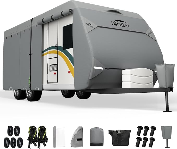 Travel Trailer RV Cover 22' ~ 24', Upgraded 7 Layers Top Waterproof Camper Cover, Heavy Duty Toy Hauler RV Cover for Winter Snow with Tongue Jack Cover, Gutter Covers