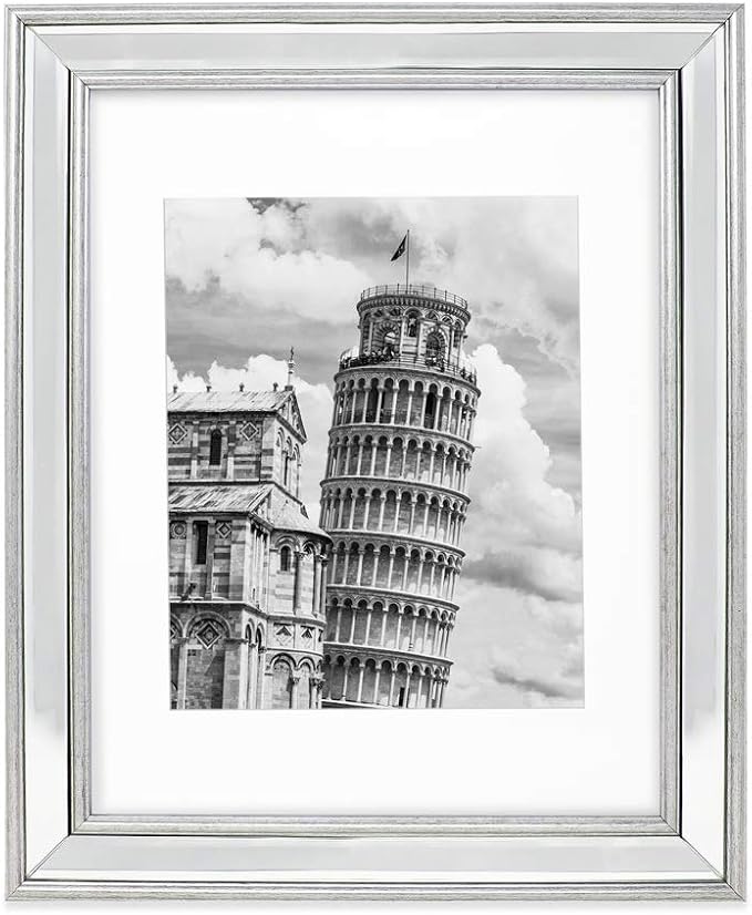 Isaac Jacobs 11x14 Silver Beveled Mirror Picture Frame w/Mat for 8x10- Classic Mirrored Frame w/Slight Slanted Angle for Wall Décor Display, Photo Gallery & Wall Art (11x14 (Matted 8x10), Silver)