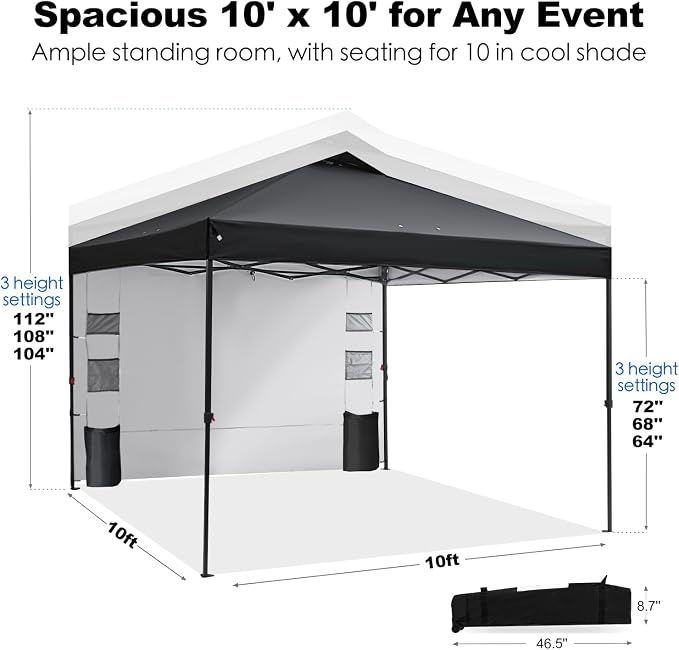 GAFETE 10×10 Pop Up Canopy Tent with 1 Pockets Sidewall, Easy up Sun Shade with One Push Setup, Portable Instant Outdoor Canopy Tent for Events Parties Camping with Carrying Bag (Black, 10x10 FT)
