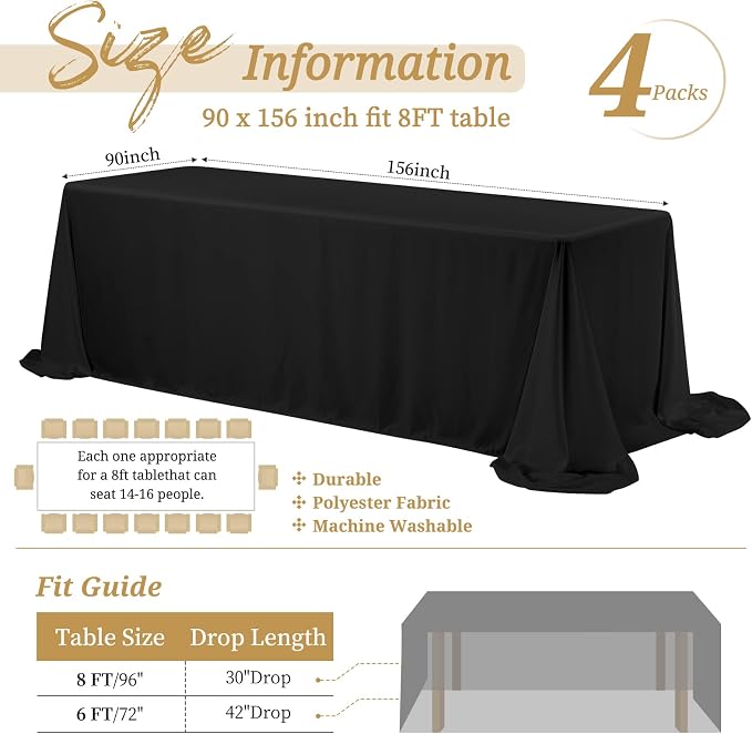 Showgeous 4 Pack Black Rectangle Tablecloth, 90 x 156 Inch, Wrinkle Resistant, Washable Polyester, Perfect for 8FT Tables, Weddings, Birthdays, Parties