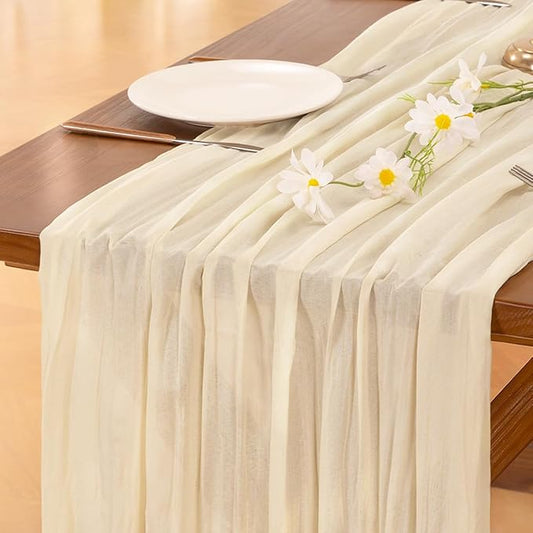 Socomi 3pcs Beige Summer Cheesecloth Table Runner Boho Rustic Gauze 120 inch 10FT Cheese Cloth Sheer Runner for Wedding Party Baby Shower Birthday Home Decor Holiday Decorations