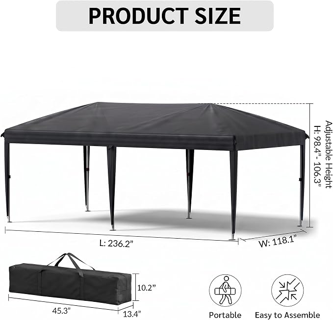10x20 FT Portable Pop Up Canopy Tent with Sandbags, Adjustable Height Instant Gazebo Without Sidewalls,Waterproof Outdoor Canopy for Camping, Parties, Vendor Events (Black, 3m × 6m Without sidewalls)