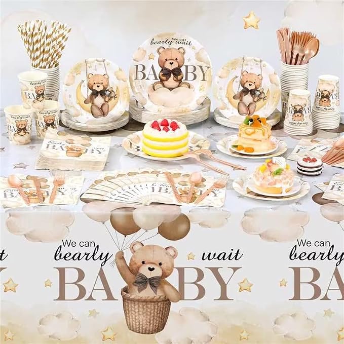 Funnymoom 452 Pcs 50 Guests We Can Bearly Wait Baby Shower Decorations, Brown Neutral Baby Shower Paper Plates Napkins Cups Tablecloth Cutlery Straws Tableware Set for Gender Reveal Party Supplies