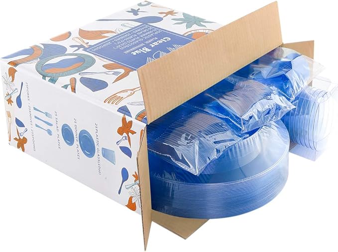 WDF 25 Guest Blue Plates with Disposable Silverware&Blue Cups-Neon Clear Plastic Dinnerware include 25 Dinner &Salad Plates,25Forks, 25 Knives, 25 Spoons,25 Cups for Graduation