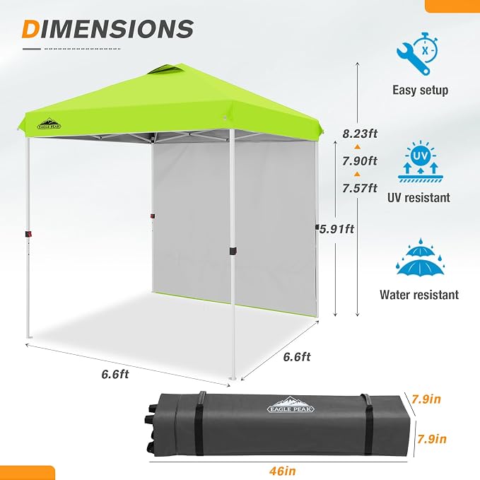 EAGLE PEAK Commercial Canopy 6.6x6.6 Pop Up Canopy Tent with 1 Sidewall, Easy Setup Heavy Duty Instant Event Shelter for Vendors & Markets, Outdoor Sun Shade, Neon Green