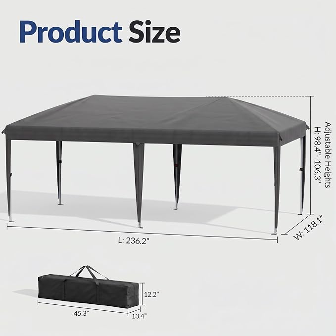 10x20 Pop Up Canopy Without Sidewalls, Instant Tent with Carry Bag, Sandbags, Height Adjustable Waterproof Outdoor Canopy, Outdoor Canopy for Events, Camping, Parties (Grey)