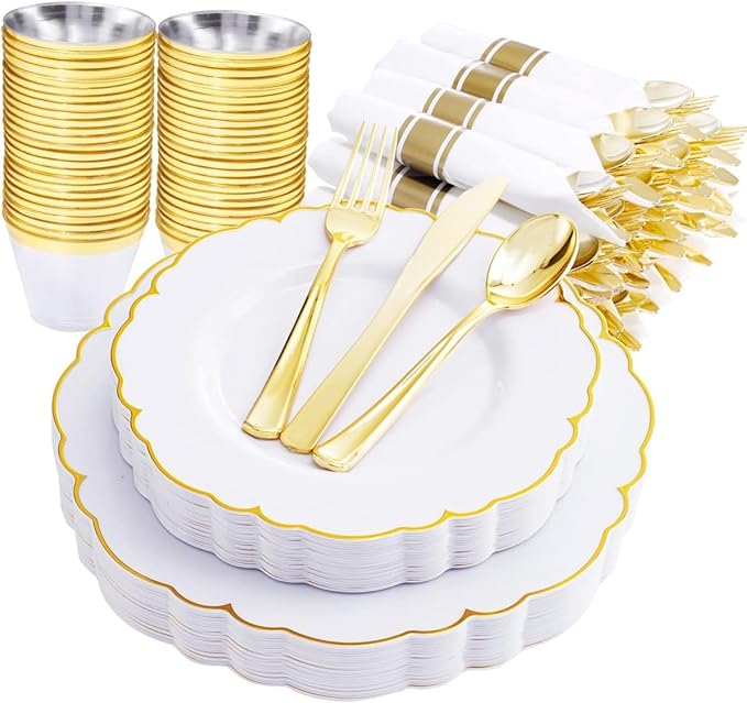 Morejoy 175PCS Gold Plastic Plates，White Gold Disposable Plates with Pre Rolled Napkins:25 Dinner Plates,25 Dessert Plates,25 Spoons,25 Forks,25Knives,25Cups,25Napkins for Party & Mother's Day